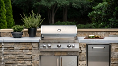 Outdoor kitchen grill with stone countertop and greenery