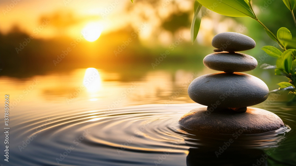 Obraz premium Zen Stones Stacked by Tranquil Water at Sunset – Peaceful Nature Scene for Meditation and Wellness Inspiration