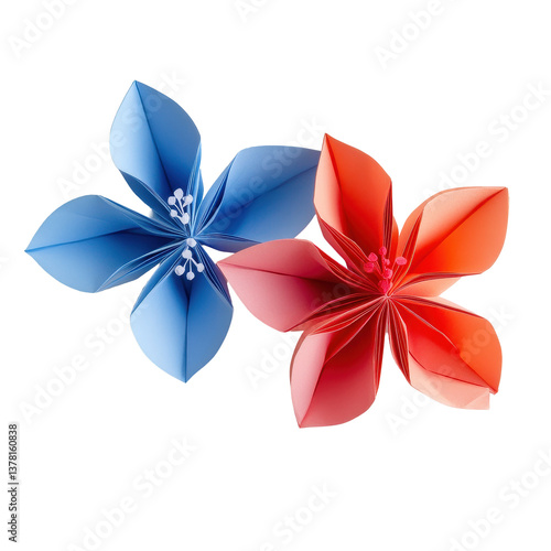 Beautiful origami flowers in vibrant colors on a Transparent background showcasing intricate craftsmanship, Origami flowers on PNG background
