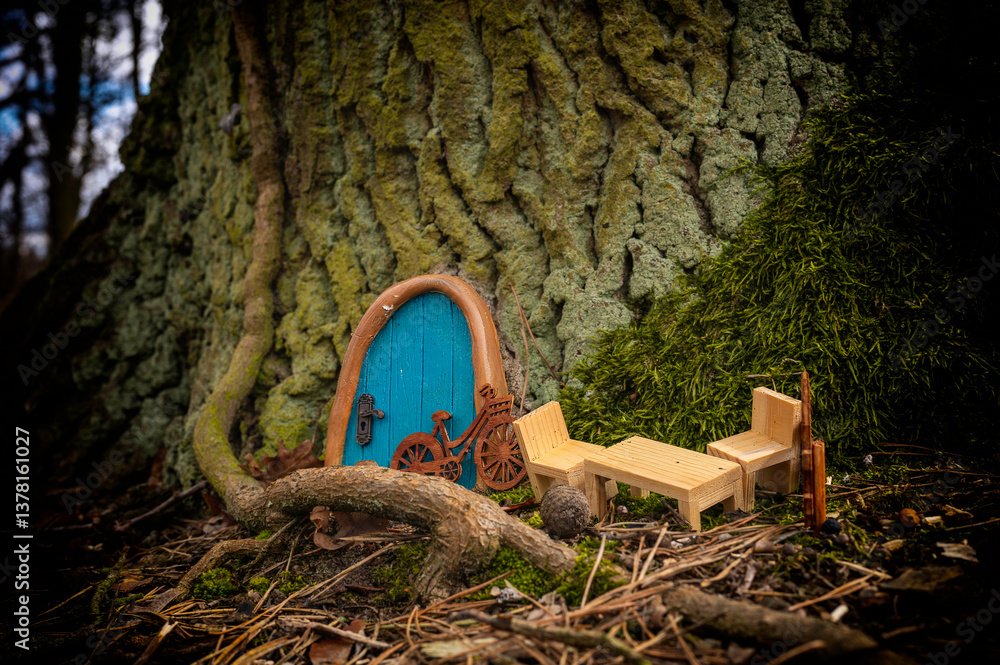 Feentür in einem Baum mit Sitzgruppe davor