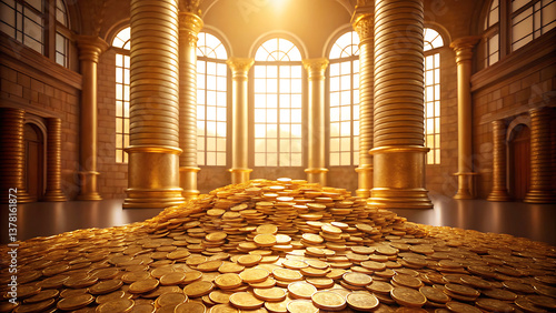 Golden treasure room with coins and columns
