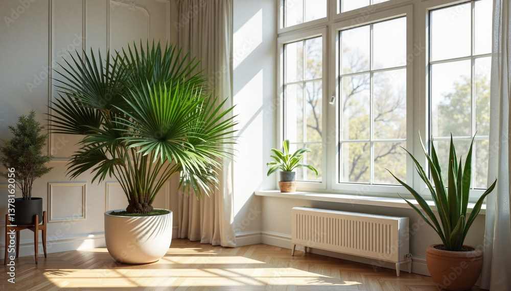 Fototapeta premium Indoor house plants Majesty Palm adorning a bright, modern living room 