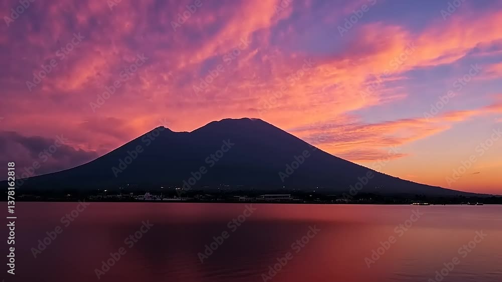 Majestic sunset over a tranquil lake with a silhouette of a mountain, reflecting vibrant colors Majestic sunset over a tranquil lake with a silhouette of a mountain, reflecting vibrant colors