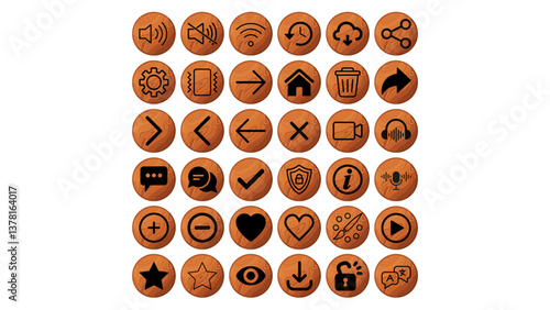 Wooden UI Icon Set – 36 Minimalist Vector SVG Icons