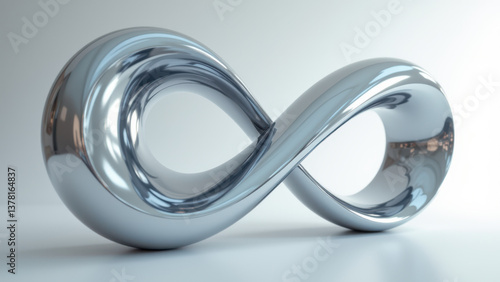 A modern abstract metal sculpture representing infinity or endlessness with a reflective surface.