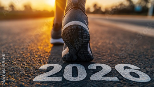 Wallpaper Mural Person walking towards 2026 on road at sunset. Torontodigital.ca