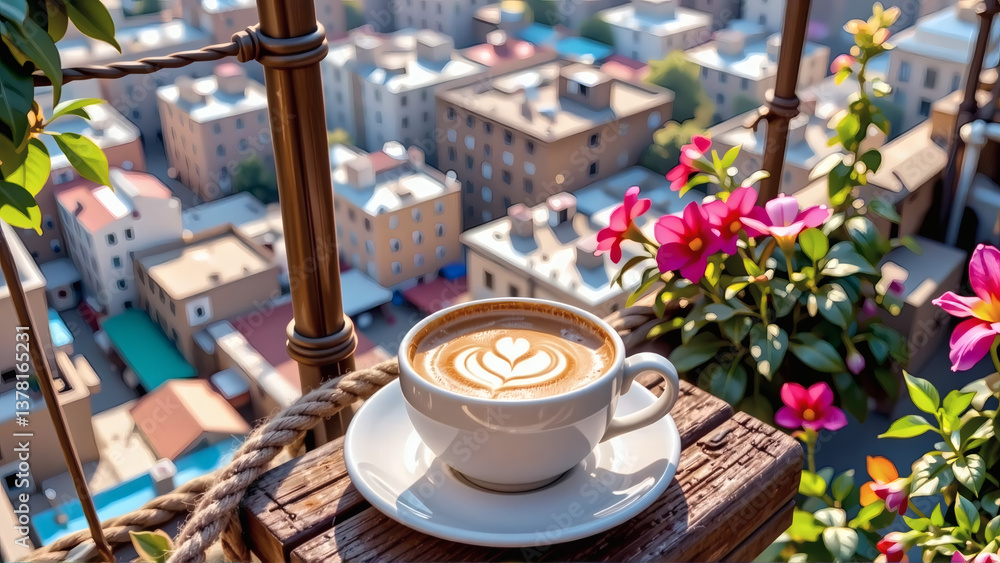 Fototapeta premium cup of coffee on the terrace (painted)