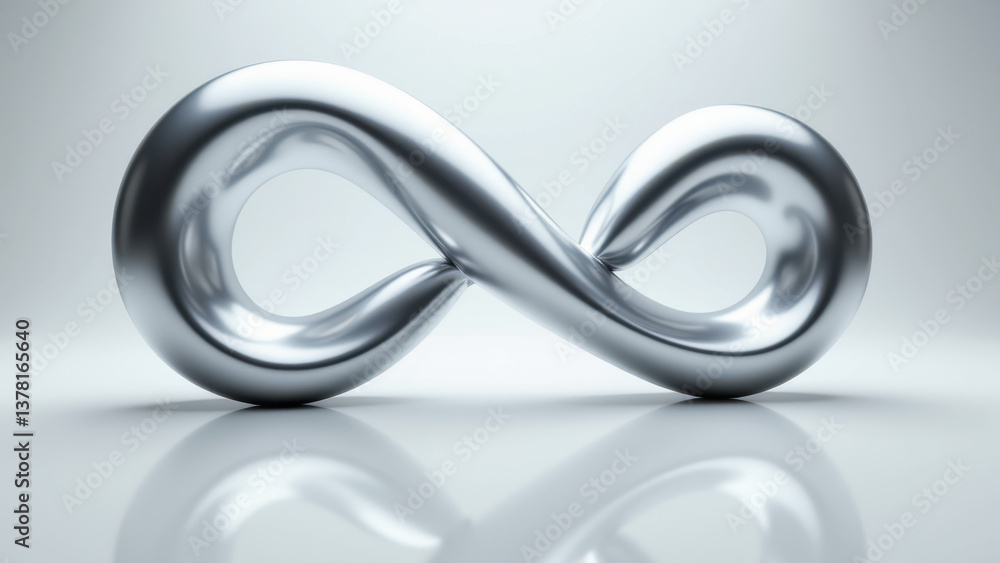 A futuristic infinity loop symbol with a reflective surface on a gray background. A futuristic infinity loop symbol with a reflective surface on a gray background.