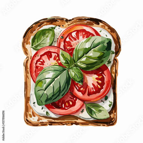 Caprese Toast with Tomatoes and Basil Illustration