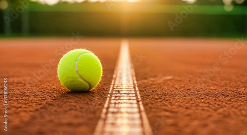 Pelota de tenis en pista de arcilla al atardecer