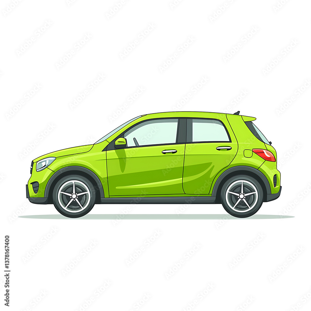 A bright green compact SUV in a side profile with tinted windows and stylish alloy wheels standing on a white background. A bright green compact SUV in a side profile with tinted windows and stylish alloy wheels standing on a white background.