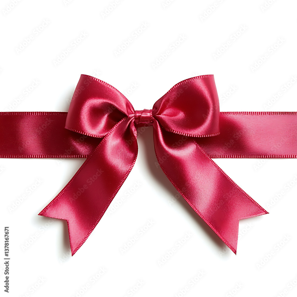 Fototapeta premium Satin crimson ribbon neatly tied in a bow stretches horizontally across a clean white surface casting subtle shadows.