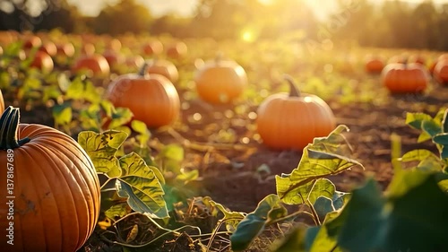 Sunlit pumpkin patch at harvest time