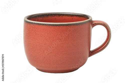 Red ceramic mug on black background with handle and textured finish, cut out