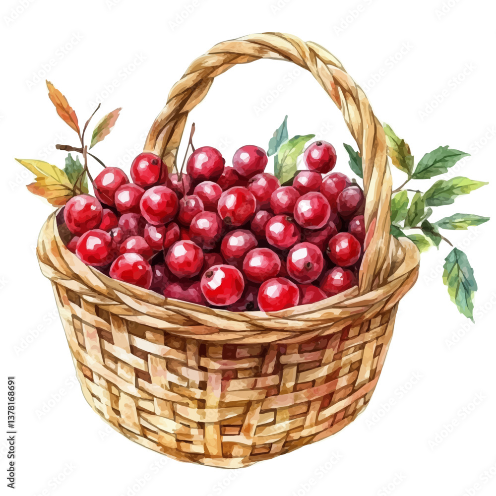A watercolor painting of a cranberry basket, isolated on a white background. Cranberry basket vector
A watercolor painting of a cranberry basket, isolated on a white background. Cranberry basket vector