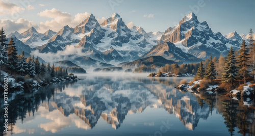 Wallpaper Mural Majestic snow-capped mountains rise above a serene lake, reflecting the peaks and cloudy sky. Pine trees line the shore, creating a peaceful winter landscape. Torontodigital.ca