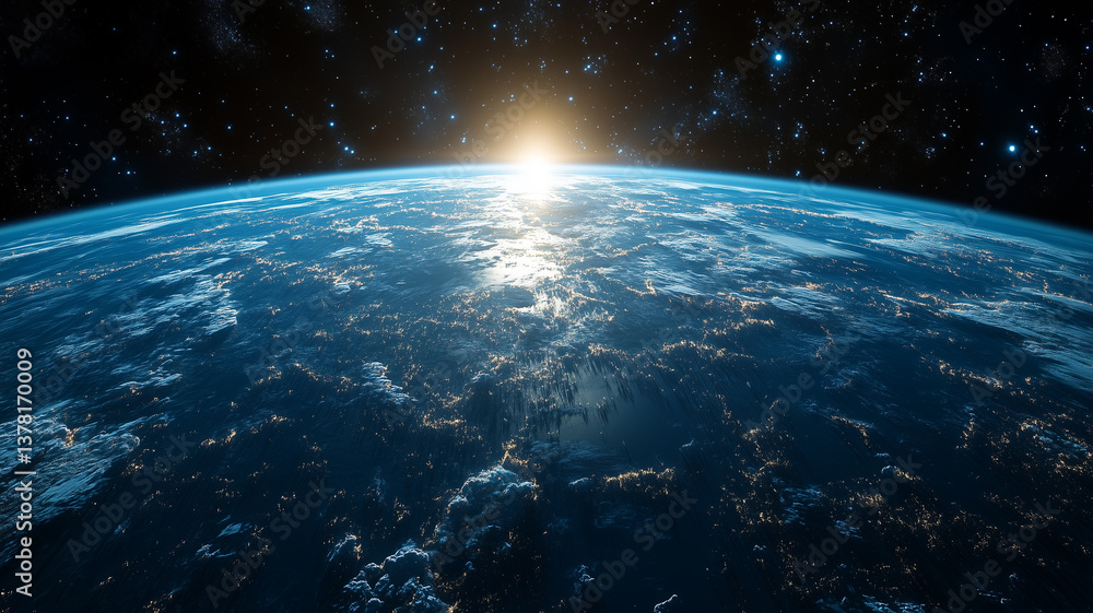 Obraz premium breathtaking view of Earth from space, showcasing planet curvature and sun rising on horizon, evoking sense of wonder and tranquility