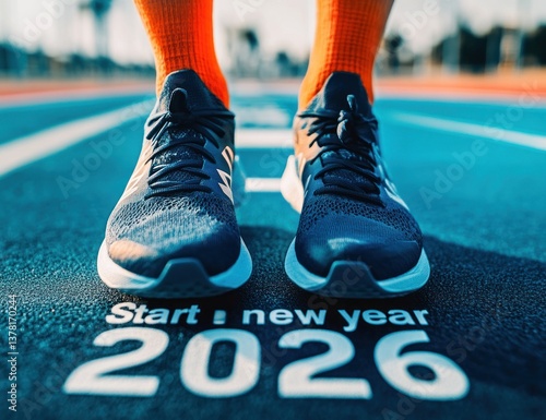 Wallpaper Mural Person's feet in running shoes on a track, ready to start 2026. Torontodigital.ca