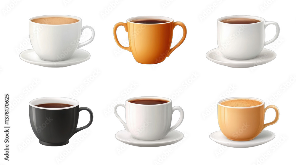 Colorful coffee cups arranged neatly, ceramic mugs in various colors, ideal for cafe menus or branding materials. Isolated on white background or PNG Colorful coffee cups arranged neatly, ceramic mugs in various colors, ideal for cafe menus or branding materials. Isolated on white background or PNG