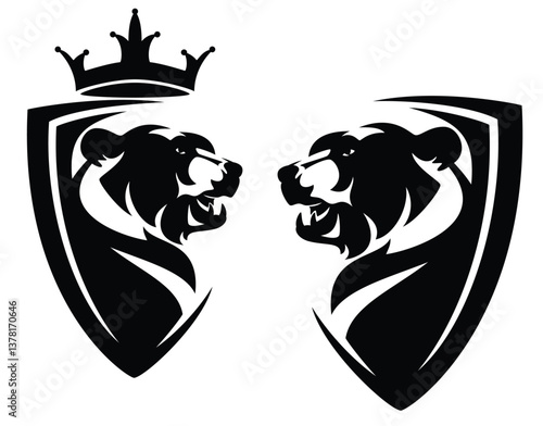 bear head in heraldic shield with royal crown - modern style coat of arms emblem for security concept black and white vector design set