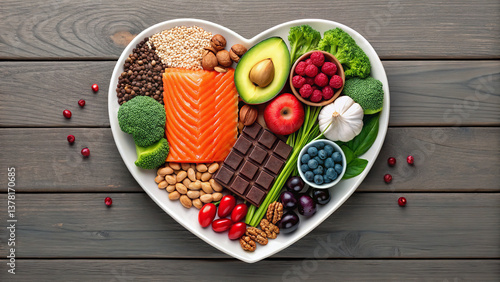 A heart-shaped platter overflowing with nutritious goodness—salmon, avocado, berries, dark chocolate, and more—a vibrant celebration of healthy eating, captured in warm, natural light.