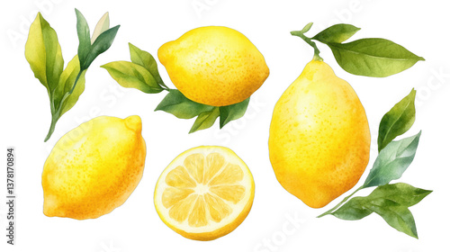 Wallpaper Mural Bright lemons with green leaves, fresh citrus fruits arranged artistically, perfect for recipes or health themes. Isolated on white background or PNG Torontodigital.ca