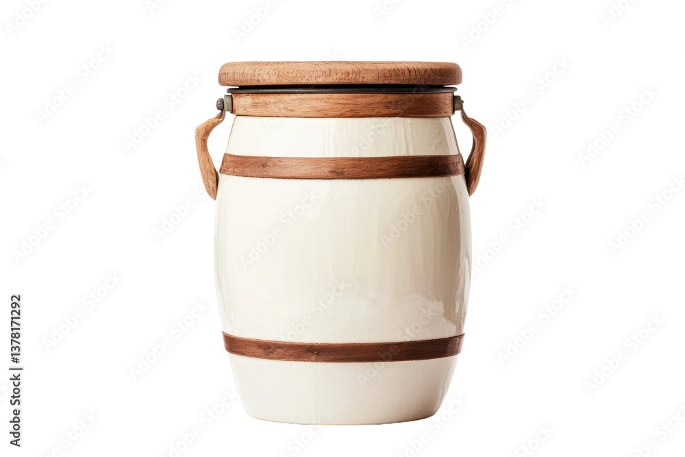 Rustic wooden and ceramic barrel with handles and lid, cut out Rustic wooden and ceramic barrel with handles and lid, cut out