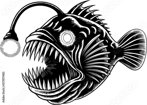 Maritime life featuring deep-sea creatures in a captivating SVG vector design. Intricate Black and White Illustration of a Deep Sea Anglerfish
