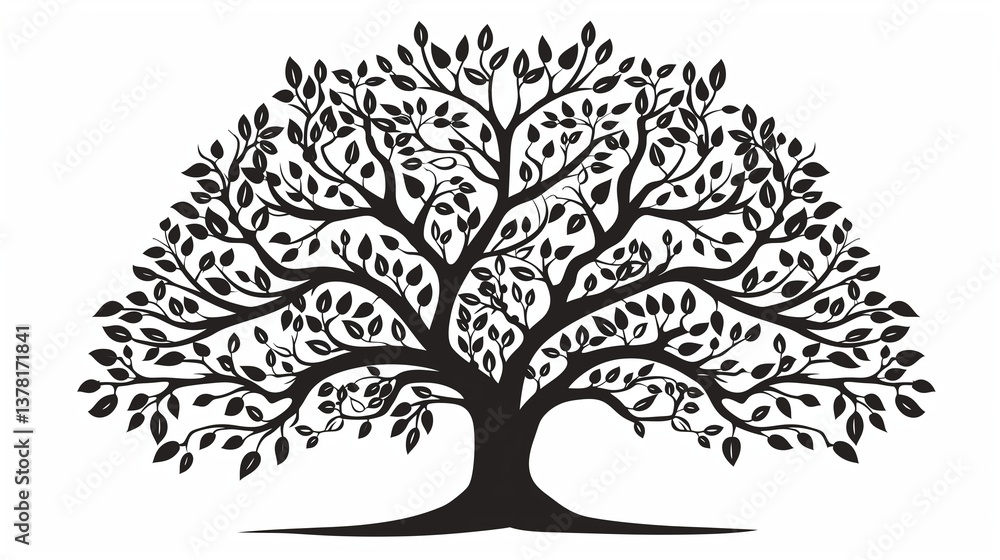 A silhouette tree clipart with intricate branches spreading widely, standing against a white background. A silhouette tree clipart with intricate branches spreading widely, standing against a white background.