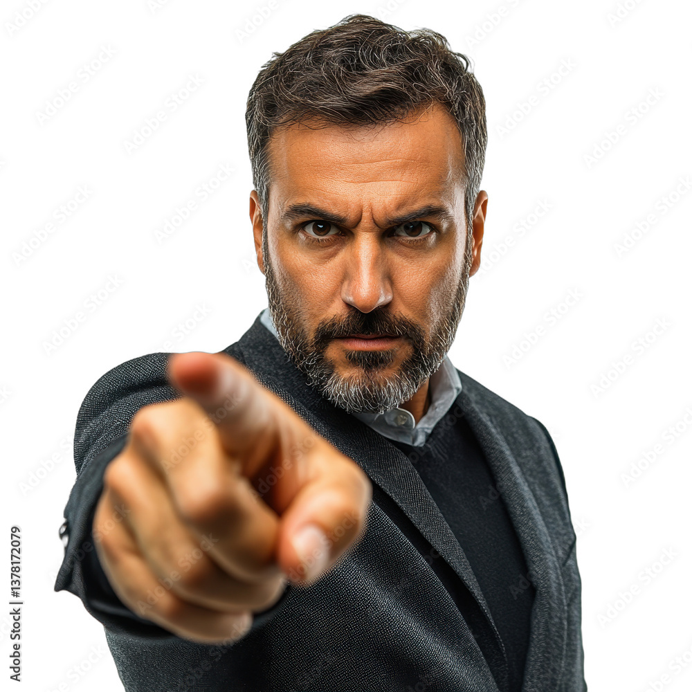 Fototapeta premium Confident businessman pointing, middle-aged man in formal attire showing authority, ideal for leadership themes and motivational content. Isolated on white background or PNG