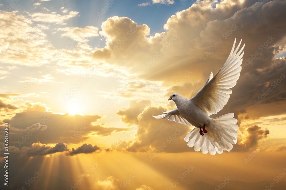 Fototapeta premium A majestic white dove soars through a breathtaking sunset, symbolizing peace and hope in a vibrant, golden sky.
