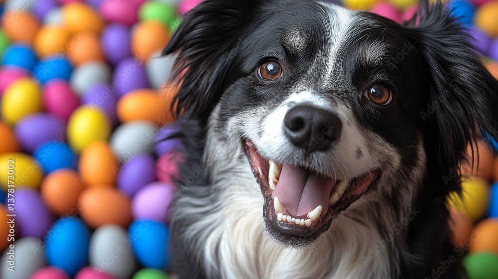 A happy dog smiles brightly amidst a colorful egg background A happy dog smiles brightly amidst a colorful egg background