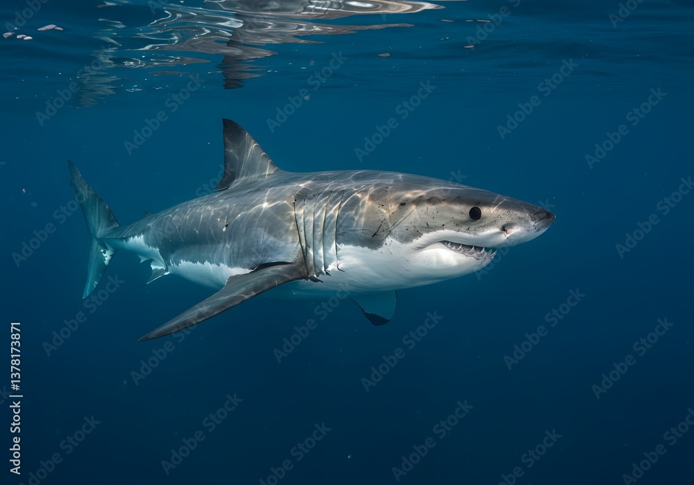 Fototapeta premium Majestic Great White Shark Underwater - Marine Life, Predator, Ocean, Dive, Sea, Apex, Wildlife.