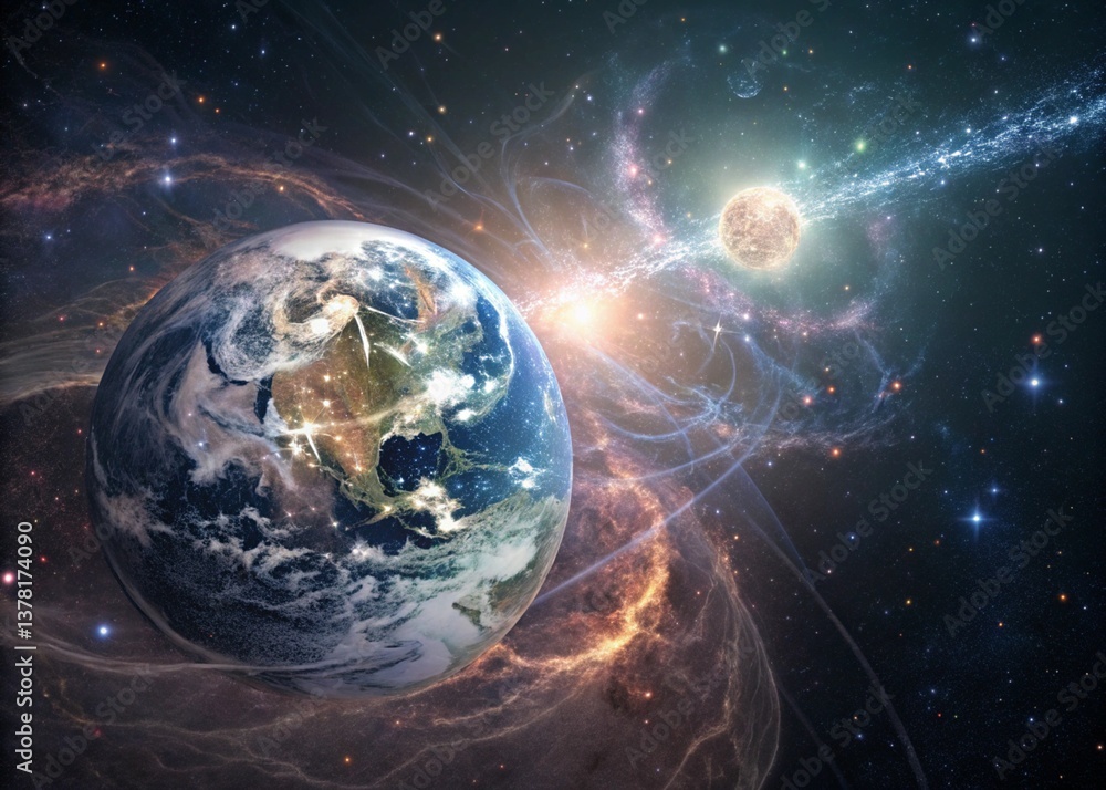 Obraz premium Earth's cosmic dance with a dying star, a vibrant nebula swirling around them in a breathtaking display of celestial energy and ethereal beauty.
