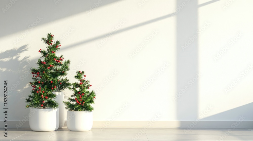 Fototapeta premium Minimalist Christmas Decor: Three potted Christmas trees with red berries against a sunlit white wall.
