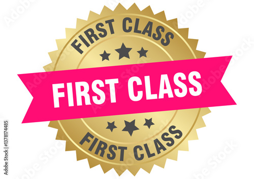 first class. first class round pink and gold label isolated on transparent background