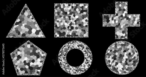 Black and white geometric shapes with a mosaic pattern. The effect resembles stained glass or pixel texture, creating a stylish abstraction with clear boundaries and contrasting shades.