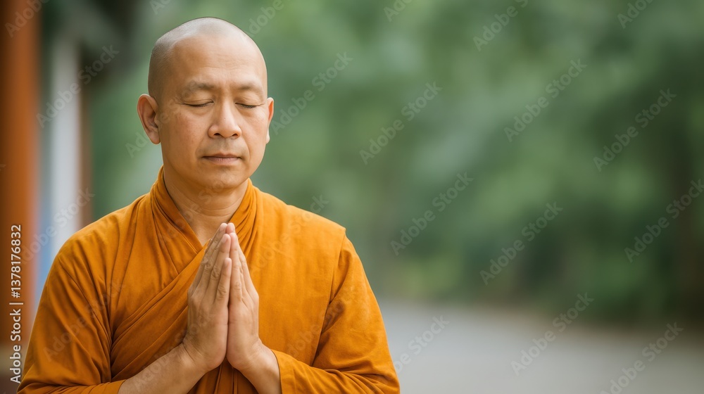 Fototapeta premium Serene Buddhist monk in orange robe practicing gratitude in temple, symbolizing peace and mindfulness.