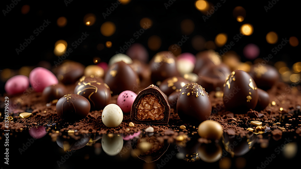 Assorted chocolate Easter eggs and candies on a dark background for Easter holiday Assorted chocolate Easter eggs and candies on a dark background for Easter holiday