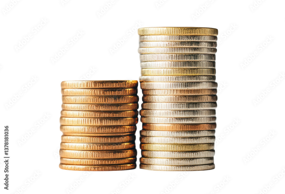 Stacked gold and silver coins reflecting wealth and investment potential, cut out Stacked gold and silver coins reflecting wealth and investment potential, cut out