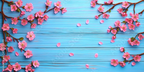 Spring blossoms blooming on vibrant blue wooden background nature still life floral arrangement tranquil environment close-up view beauty in simplicity