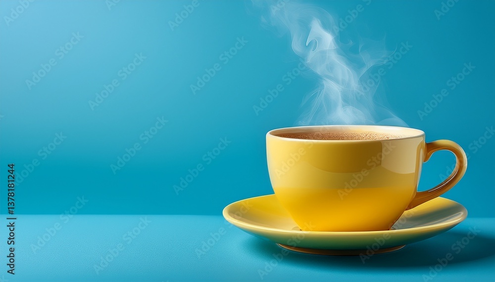 Obraz premium yellow hot cup of coffee with smoke on pastel blue background copy space