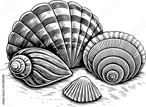 Maritime life featuring ocean flora and fauna in SVG and vector formats. Detailed Black and White Drawing of Various Sea Shells