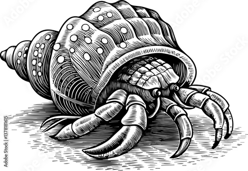 Maritime life featuring ocean flora and fauna in SVG and vector formats. Detailed Illustration of a Hermit Crab in a Seashell Design