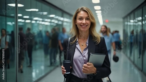 Ejecutiva sonriente caminando por oficina moderna con café y tablet en mano