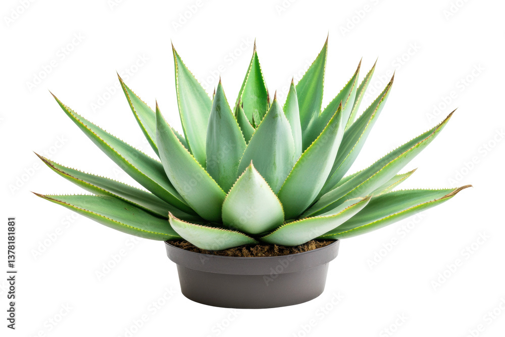 Fototapeta premium Vibrant green succulent agave in pot with sharp leaves, cut out