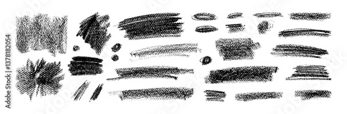 Crayon pencil brush strokes. Chalk sketch lines. Vector hand-drawn textures. Black paint marker chalk scribbles, squiggles. Pastel grainy gritty charcoal underline strike set. Wide thick stripes bg