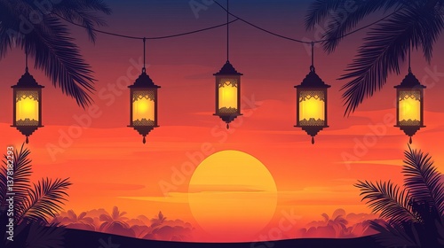 Sunset lanterns palm trees tropical celebration background