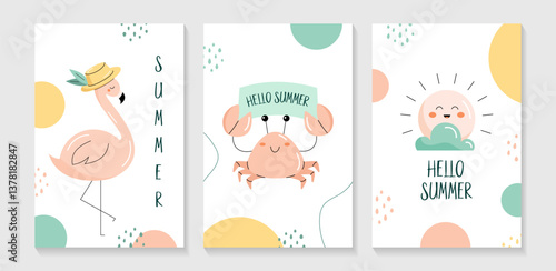 Hello summer set of cards. Cute flamingo, sun, crab. Flat vector illustration