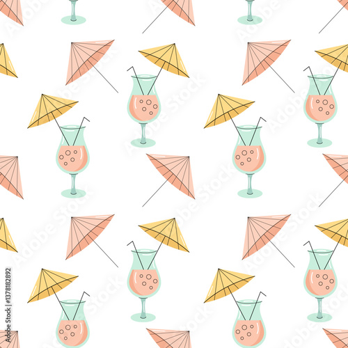 Seamless pattern with cocktail with sun umbrella. Summer theme. Flat vector illustration